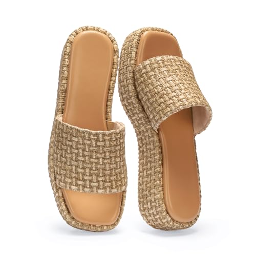 Image of Monrovia Platform Sandals Women Raffia Espadrille Slides, Woven Straw Flatform Beach Sandals Women, Slip On Summer Vacation Shoes, Comfortable Casual Daily Wear