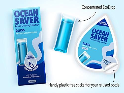 OceanSaver Glass Cleaner, Powerful Cleaning Eco Drop Refill, Eco Mindful Window Spray Cleaning Product for All Glass Surfaces to Remove Grease and Dirt, Sea Spray Scented Just Add Water  12 Pack