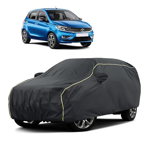 Image of Sulfar 100% Water Resistant Car Body Cover Compatible with Mirror for Tata Tiago (Triple Stitched, Full Bottom Elastic, Dark Grey Taffeta with Yellow Piping)