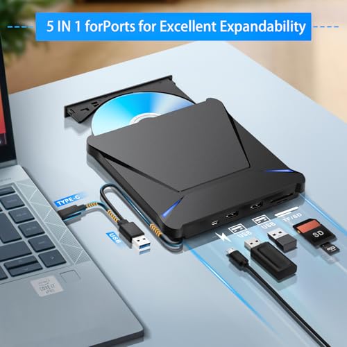 Haiway 5 in 1 External Blu-ray Burner Drive, USB 3.0 & Type-C DVD/CD/Blu ray Burner Writer with SD/TF Card Reader, Supports 100GB Discs R/W for Windows, Linux, macOS (PC/Laptop/Desktop)