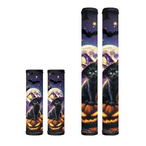 Image of Dreaweet Halloween Black Cat Witch Pumpkin Print Refrigerator Handle Covers