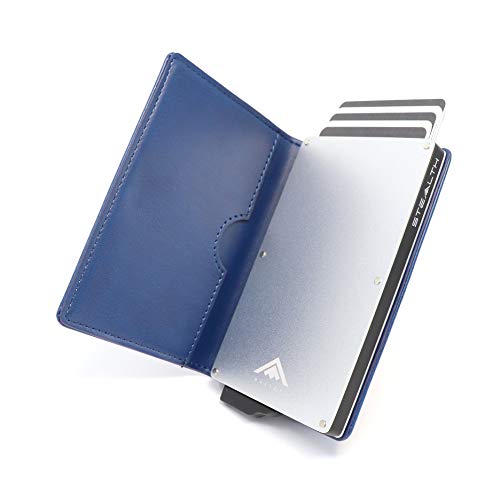Stealth Wallet RFID Card Holder Wallet - Smart Minimalist NFC Blocking Pop Up Wallets with Gift Box - Slim, Compact, Lightweight Metal Credit Cards Holder (Silver Aluminum with Blue Leather)