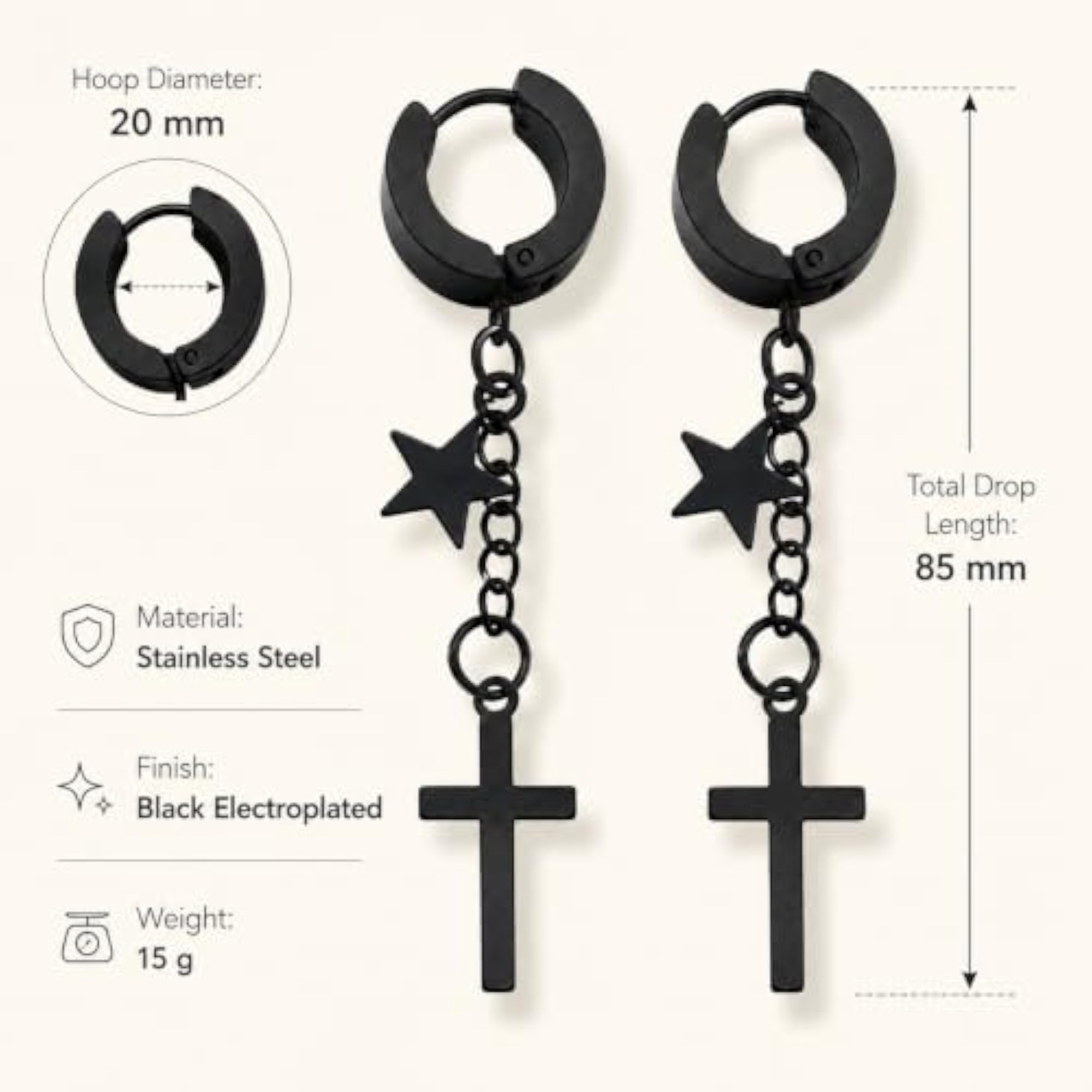 Religious Jesus Cross & Star Double Chain Charm Drop Hoop Earrings