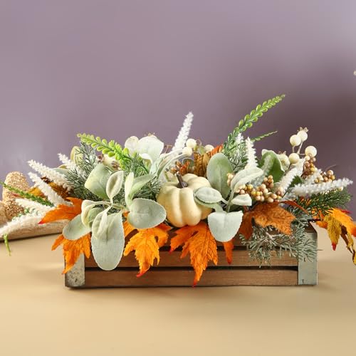 Image of Thanksgiving Potted, Eucalyptus Berries Pumpkins Lamb Ears Leaves Autumn Pots for Centerpiece Table Decor, Fall Decor, Home Coffee Table Dining Room Office Kitchen (D)