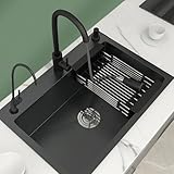 Spülbecken Schwarz, Küchenspüle Einbauspüle Rechteckig Küchenspülen Spüle Waschbecken Küche Klein Einbauspüle Edelstahlspüle mit Abtropfkorb, Seifenspender(Size:58 * 43cm,Color:Schwarz)