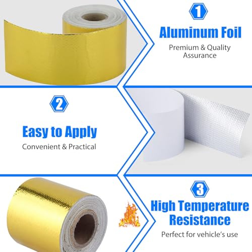 Image of Xinhan (Gold,Silver,Black) Aluminum Foil Heat Shielding Tape High Temperature Heat Reflective Adhesive Backed Tape Compatible With Car Intake Pipe Engine Bay Hoses Wires Etc (Gold, 2in x 50ft)