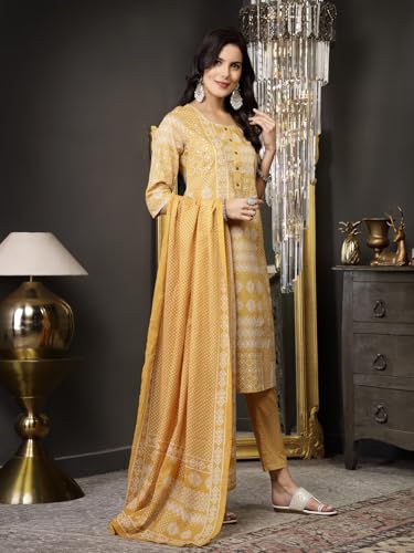 Stylum Women's Ethnic Motif Printed Cotton Straight Kurta Pant Dupatta Set (Kpdmustardsajla42_Mustard, Xl)