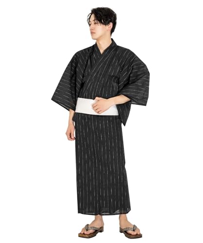 [キョウエツ] 浴衣 メンズ セット ゆかた 男性 黒 紺 おしゃれ 綿 しじら C 4点セット (M, 10.縞×黒(ワンタッチ白))の商品画像（Amazon）