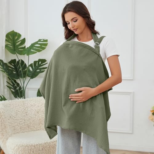 Image of Nursing Cover for Baby Breastfeeding with Rigid Hoop, Breathable Soft 100% Muslin Cotton, Baby Breast Feeding & Pumping Apron, Multi Use Baby Car Seat Stroller Cover (Light Green)