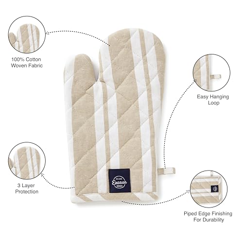 Image of Encasa XO Oven Gloves for Microwave (2 pc Set) - Heat Proof, Thick & Safe | Longer 18x30 cm Mittens for Protection in Kitchen Cooking & Baking - Franca Beige Stripes