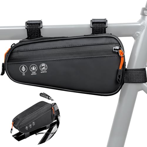 WOTOW Bike Frame Bag - 3 Ways Installation Water Resistant Reflective Bicycle Top Tube Bag with Two Side Pockets, Ebike Cycling Triangle Bag Pouch Accessories for MTB Road Travel (1.2L)