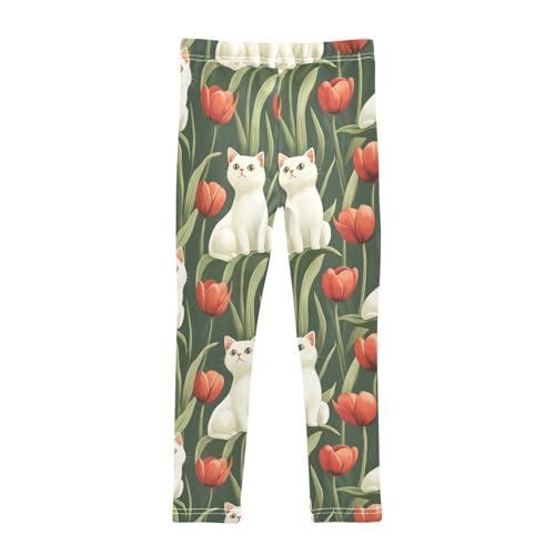 Girls Leggings White Cats Flower Soft Toddler Leggings for Girls Kids Pants Size 4T-10T2