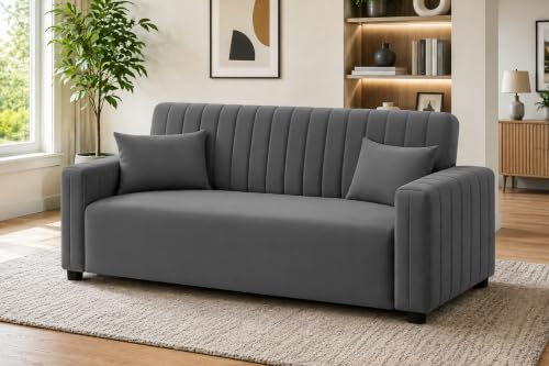 Image of Modern 3 Seater Sofa | Vertical Channel Tufted Backrest & Armrests | Plush Cushioned Seating | Contemporary Upholstered Couch for Living Room, Bedroom & Office - Grey Color