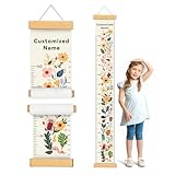 Woodemon Personalized Name Growth Chart for Kids, Flower Canvas Height Chart Ruler Removable Hanging Wall Ruler Measurement Chart for Home Decoration, Waterproof Measuring Board, Foldable