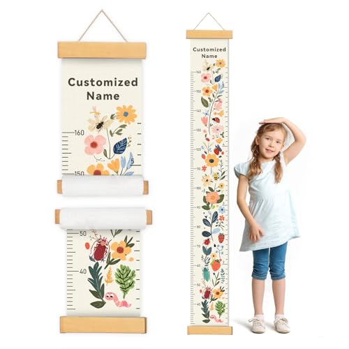 Woodemon Personalize Name Growth Chart for Kids, Flower Canvas Height Chart Ruler Removable Hanging Wall Ruler Measurement Chart for Home Decoration, Waterproof Measuring Board, Foldable