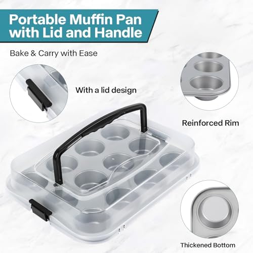 2-Pack Cupcake Pan with Lid, 12-Cup Nonstick Muffin Pan with Handle – Cupcake Carrier for Baking & Transporting, Perfect for Party, Holiday, Gathering - Thumbnail 5