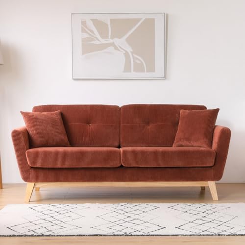 CONCEPT USINE | Canapé 3 Places HOGA Terracotta | Style Scandinave | Velours Côtelé Déhoussable | Assise Confortable Rembourrée | Pieds Obliques Bois | Design Tendance et Chaleureux