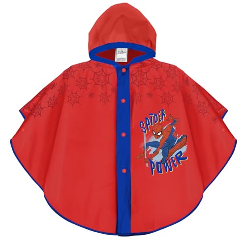 PERLETTI Poncho Impermeable Niños 3 4 5 6 Años Spiderman - Chubasquero Niño Marvel Spider Man - Chaquetón de Lluvia Hombre Araña con Capucha Botones (FR/ES, Edad, 3 años, Regular, Rojo y Azul)