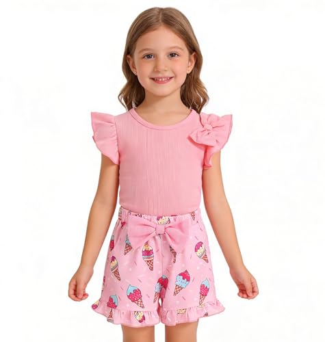 Image of Barlver Girls 2 Piece Short Set Baby Girl Summer Clothes Ruffle Sleeve T-Shirt and Bow Knot Shorts Toddler Girl Outfit Set