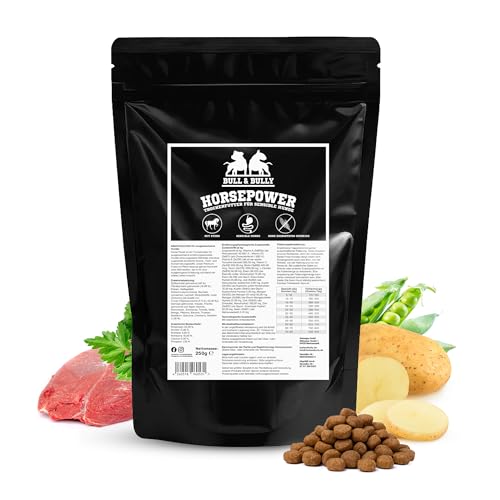 BULL & BULLY – Big Bully Horsepower 250g Hundefutter Trocken Getreidefrei – Hundefutter & Hundeleckerli Pferd Pur – Pet Hunde Leckerlis Pferd & Hundesnack für empfindliche Hunde & Senioren