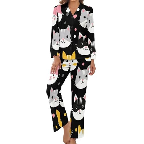 Pyjama grande taille femme à manches longues imprimé chat