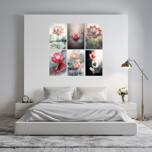 Image of SiddArtify Lotus Flower Wall Art Prints Set - Watercolor Floral Poster Decor for Living Room Bedroom Office - 8x12 Sticker Pack of 6