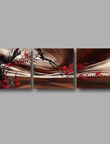 OFLADYH Ready to Hang Stretched Hand-painted Oil Painting 72"x24" Three Panels Canvas Wall Art Red Blossom Brown
