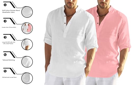 Image of FINIVO FASHION Men's Cotton Blend Solid Full Sleeve Combo Short Kurta Shirt, Regular Fit Solid Pattern Mandarin Collar Straight Kurta Shirt
