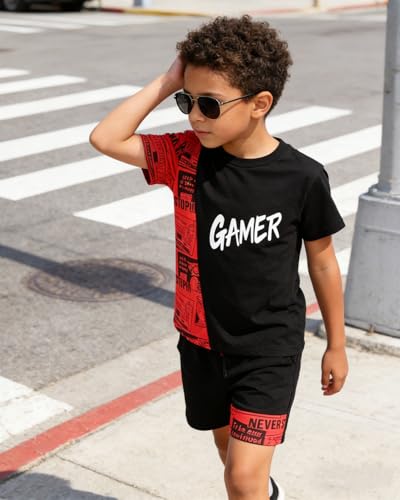 Image of OLMRJKD Boys 2 Piece Outfits Short Sleeve Colorblock T-shirt and Shorts Summer Casual Clothes for 6-12 Years