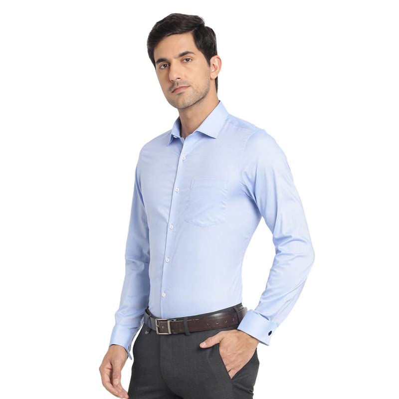 Image of Turtle Men Cotton Blend Light Blue Solid Slim Fit Formal Shirts