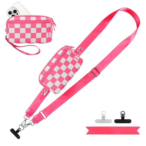 Image of YFWE Clip and Go Strap for Phone with Wallet Crossbody, Adjustable Phone Lanyard with Detachable RFID Wristlet Wallet, Phone Strap with Phone Tabs for All Phones, Pink Checkered (L)