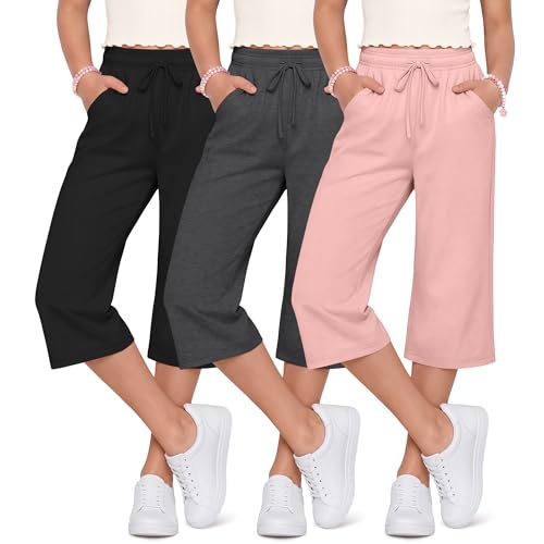 Langyiwee 3 Pack Girls Capris Summer Capri Pants 5-16 Years Wide Leg Elastic Waist Cropped Pants Loose Sweatpants with Pocket(5-6 Years Pink Dark Gray Black)