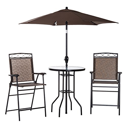 Outsunny Bistro Porch Furniture, Set Of 2 Patio Chairs, Folding, Small Outdoor Dining Table, Textured Glass, Angle Adjustable Umbrella, Brown #TOP6
