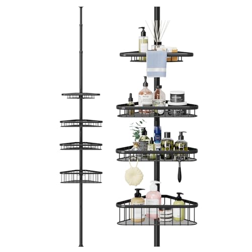 Dripex Teleskop Duschregal ohne Bohren Teleskopregal Bad Duschablage mit 4 Korb Eckregal für Dusche und Badewanne höhenverstellbar von 98CM bis 287CM Schwarz