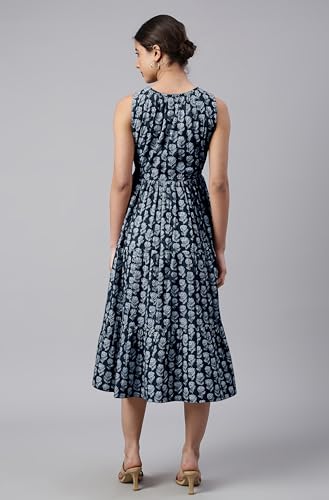 Image of Janasya Women's Cotton Floral Block Print Tiered Western Dress