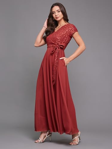 Image of Miss Chase Women's Round Neck Cap Sleeves Lace Knee -Long Skater Dress
