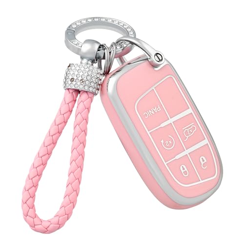 OFFCURVE Car Key Fob Cover with Keychain for Jeep Dodge, TPU Protection Key Cover Case for Jeep Grand Cherokee Renegade Chrysler 200 300 Dodge Journey Fiat Durango Challenger Smart Key Holder, Pink