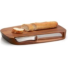 nambe Blend Bread Board with Knife | Made of Acacia Wood and Stainless Steel | Wooden Board with Serrated Knife for Cutting Fresh Bread | Designed by Neil Cohen