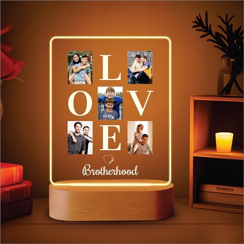 Image of Giftplease Personalized Photo Acrylic Night Light - Custom LED Table Lamp with Wooden Base, Photo Collage Frame - Custom Birthday, Rakhi, & Special for Brother
