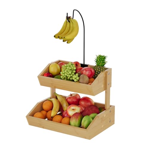 PULIJIAJU Bamboo Fruit Basket, Fruit Holder With Banana Hanger, Fruit Bowl, Kitchen Counter For Fruit and Vegetable Storage, Bread Basket, Snack Organizer Holds (Natural, 2-Tier) by PULIJIAJU - Used condition - US$18.14