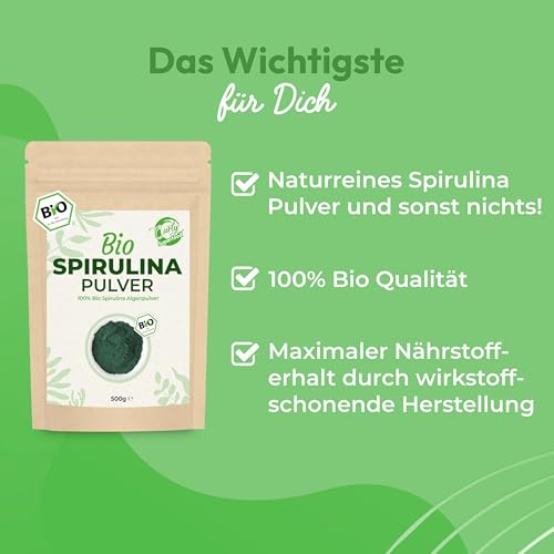 Curly Superfood Spirulina Pulver Bio 500g - 100% naturreine BIO Rohkostqualität - Fein gemahlenes Bio Spirulina Pulver für Smoothies, Säfte & Speisen