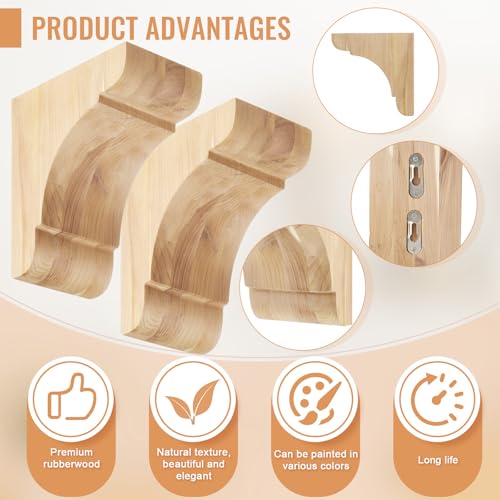 Image of Vercraft 2 Pcs Wood Corbels Wooden Shelf Brackets, Unfinished Paintable Bracket with Hanging Hook for Doorway Countertop Kitchen Cabinet Book Shelves, Rubber Wood (5 1 /2 x 6 1 /2 x 3.5 Inches)