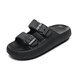 Waysoland Cloud Sliders Women Men Sandals with Adjustable Buckles,Shower Bathroom Non-Slip Quick Drying Open Toe Super Soft Comfy Thick Sole slippers Indoor Outdoor(Black,9.5/10 UK)