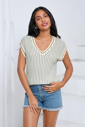 Image of SAUKOLE Women's Sweater Vest Casual V Neck Cap Sleeve Knit Pullover Tops | 2026 Spring Clothes, Soft Knit Shirts, Short Sleeves T-shirts, Tunic Blouses, Sweater Tank Tops