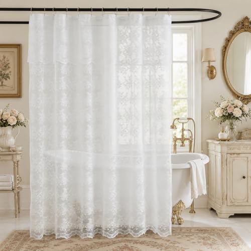 TUDECO White Lace Shower Curtain with Attached Valance, 72W x 80L Inch