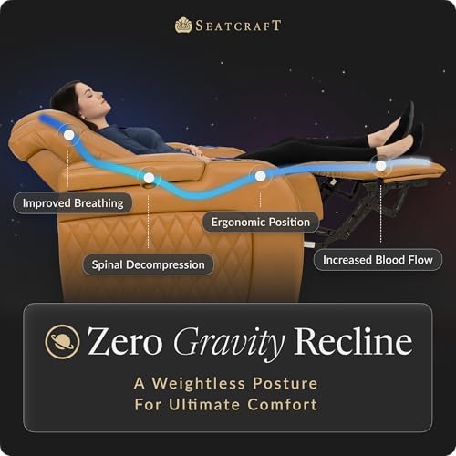 Image of Seatcraft Diamante Tan Oak Italian Leather Home Theater Seating, Zero Gravity Power Recliner Gaming and Home Office Chair, Powered Headrest Lounge Sofa Furniture for Cinema Room, Row of 3
