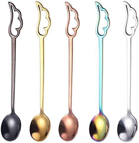 Flatware Silverware Set, 1/4/6/8 Pieces 304 Stainless Steel Feather Coffee Spoon Creative Cartoon Wings Stirring Spoon Dessert Spoon, Cutlery Set (Color : Black, Size : 8Pcs)