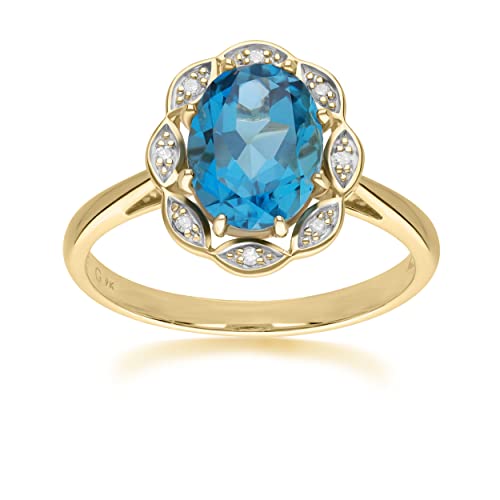 Bague en or jaune 9 carats avec topaze bleue et diamant de Londres, Pierre précieuse, Topaze