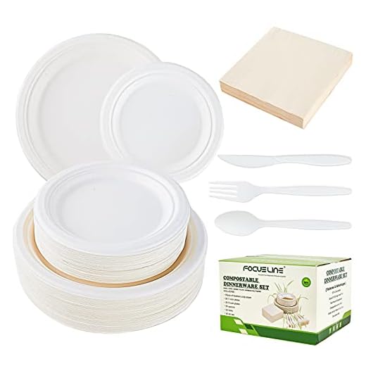 FOCUSLINE 300 Piece Compostable Paper Plates - EXTRA LONG UTENSILS, Disposable Heavy-Duty Paper Plates Biodegradable Utensils and Napkins, Eco-Friendly Plates Made of Sugarcane Fibers