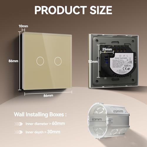 BSEED DimmSchalter f&uuml;r LED-Lampen, Touch Lichtschalter aus Glas, Non-wifi Schalter 700W 240V f&uuml;r eine perfekte Listimmungsvolle, 2 Fach 1 Weg Gold